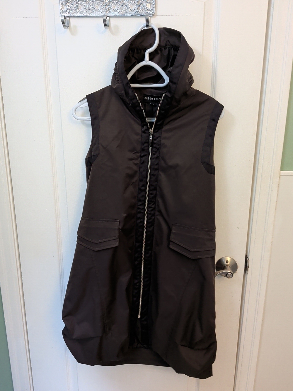 Paolo Tricot Sleeveless Hooded Long Vest in Dark Chocolate With Ribbon Piping